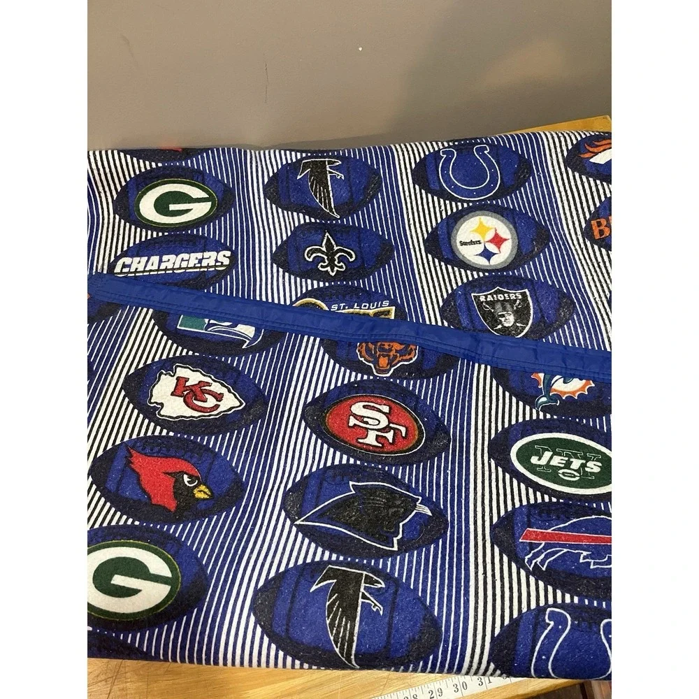 VTG NFL‎ Team Logos Striped Blanket Full Size Blue Football Polyester Satin Edge